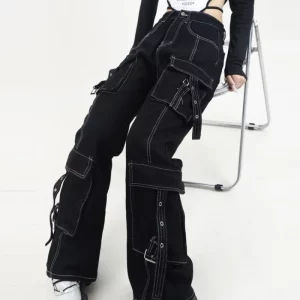 American Black Cargo Jeans Women Punk Harajuku Style Casual Wide-legged Trousers