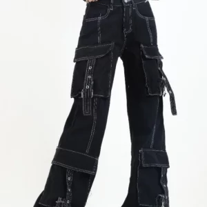 American Black Cargo Jeans Women Punk Harajuku Style Casual Wide-legged Trousers