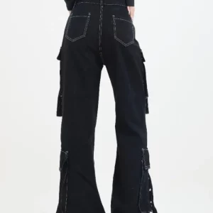 American Black Cargo Jeans Women Punk Harajuku Style Casual Wide-legged Trousers