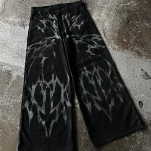 American Lightning Print Black Jeans | Y2K Harajuku Style Wide Leg Pants