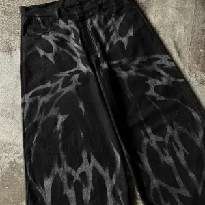 American Lightning Print Black Jeans | Y2K Harajuku Style Wide Leg Pants