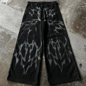 American Lightning Print Black Jeans | Y2K Harajuku Style Wide Leg Pants