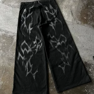 American Lightning Print Black Jeans | Y2K Harajuku Style Wide Leg Pants