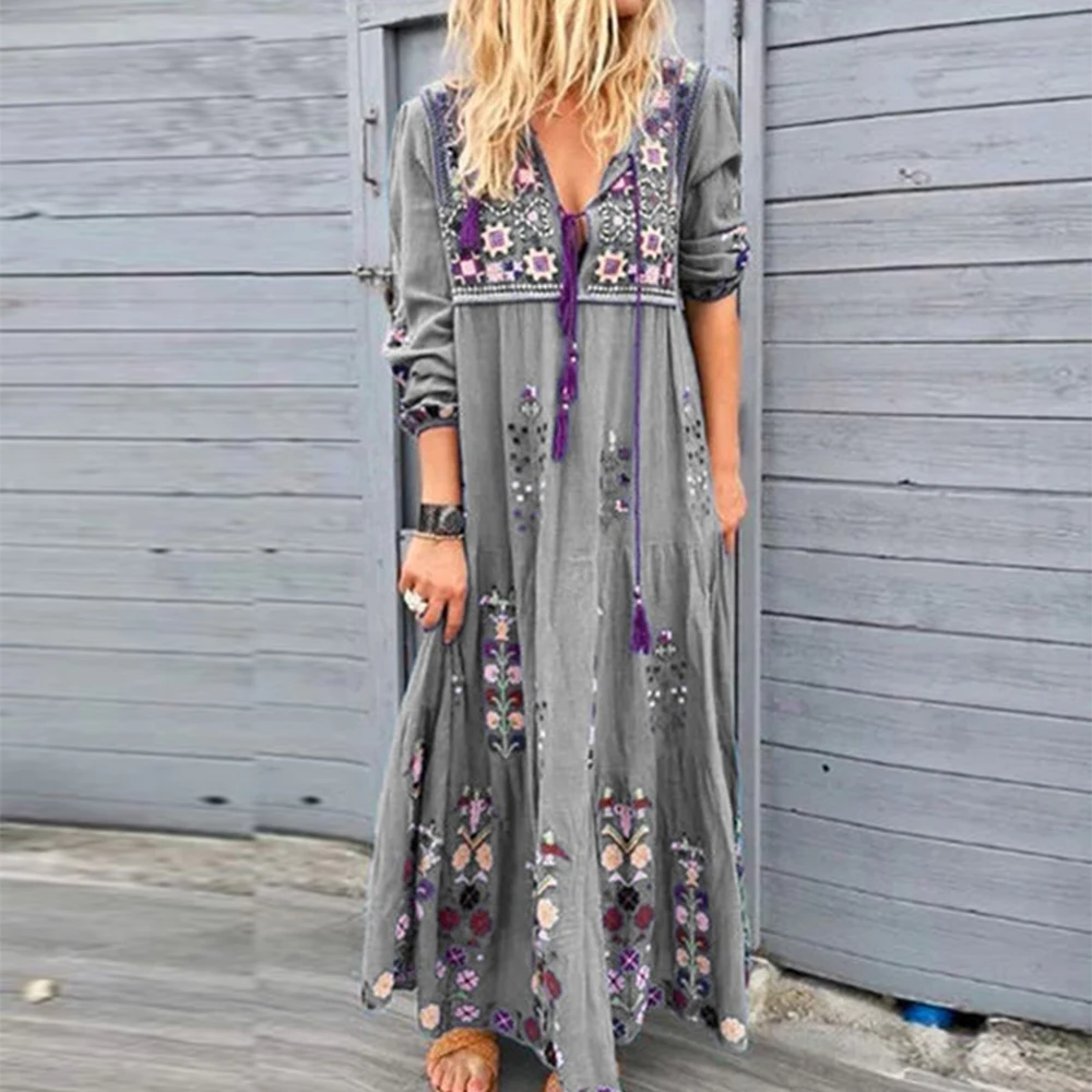 Autumn Bohemian Plus Size Long Dress for Women - Casual Floral Robe with Oversized Loose Fit