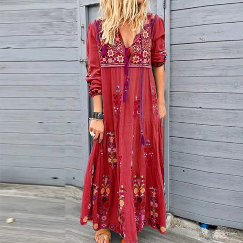 Autumn Bohemian Plus Size Long Dress for Women - Casual Floral Robe with Oversized Loose Fit