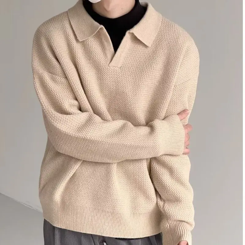 Autumn Korean Style Retro Lapel Sweater V-neck Lazy Long Sleeve Casual Knit Shirt