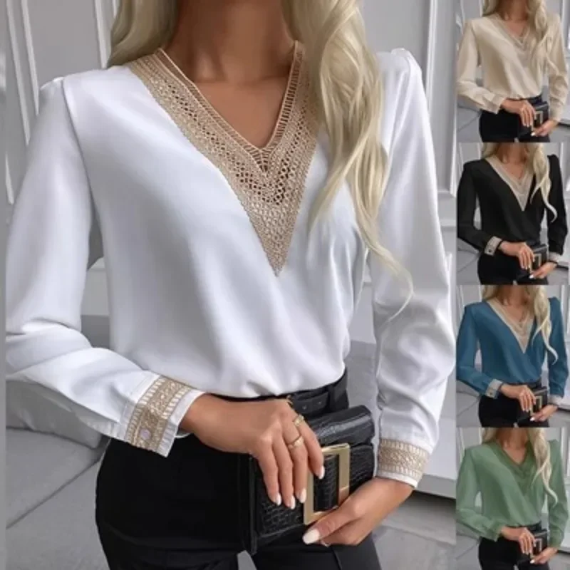 Autumn Lace Edge Long Sleeve V-neck Women's Shirt