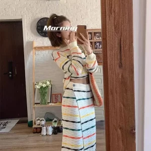 Autumn Rainbow Stripe Knitted Sweater & Half Skirt Set