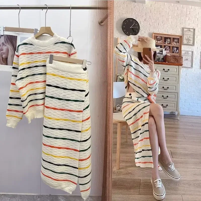 Autumn Rainbow Stripe Knitted Sweater & Half Skirt Set