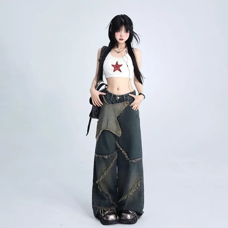 Autumn Retro Star Plush Wide Leg Jeans for Women