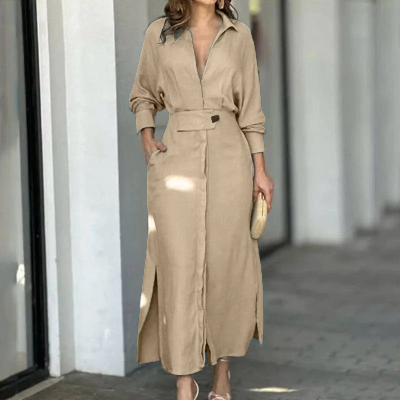 Autumn Solid V-Neck Dress with Slit - Casual Long Sleeve Skirt for Women