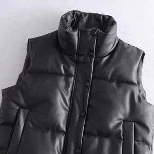 Autumn Winter Black PU Leather Stand Collar Zipper Vest