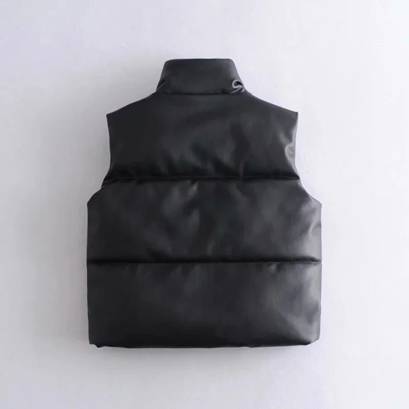 Autumn Winter Black PU Leather Stand Collar Zipper Vest