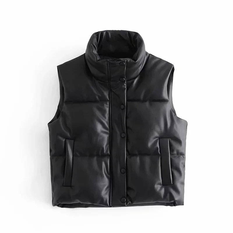 Autumn Winter Black PU Leather Stand Collar Zipper Vest