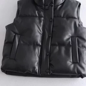 Autumn Winter Black PU Leather Stand Collar Zipper Vest