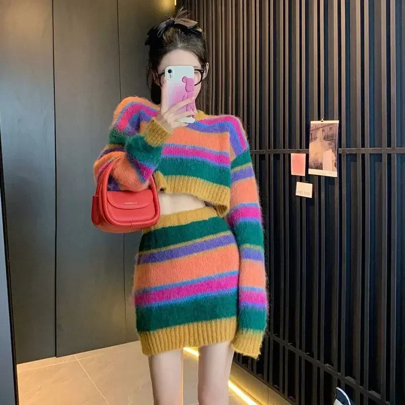 Autumn Winter Korean Rainbow Sweater Stripe Seahorse Skirt Set