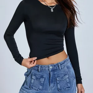 Autumn Women's Slim Fit Cropped Round-Neck Long Sleeve T-Shirt