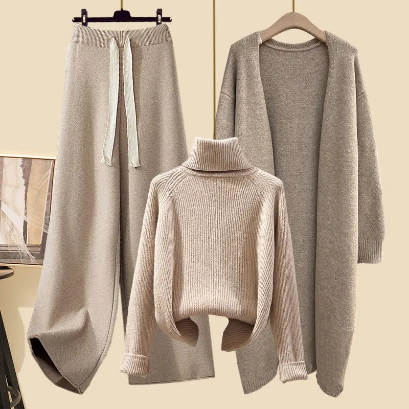 Autumn/Winter Women's 3-Piece Set: Long Cardigan, Knitted Sweater & Wide Leg Trous