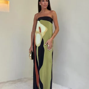 Avocado Print Strapless Maxi Dress - Summer Chic Off Shoulder Fashion for Women