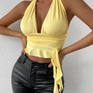 Backless Bodycon Crop Top | Women's Sexy Sleeveless Off Shoulder Pleated Top