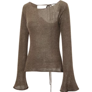 Backless Tie-up Knit T-Shirt with Flare Long Sleeves