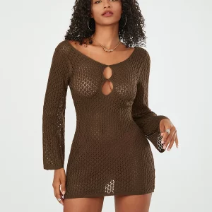 Beach Mini Dress Women's Crochet Knit Cutout V-Neck Bodycon