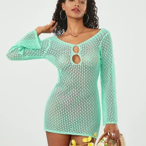 Beach Mini Dress Women's Crochet Knit Cutout V-Neck Bodycon