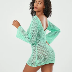 Beach Mini Dress Women's Crochet Knit Cutout V-Neck Bodycon