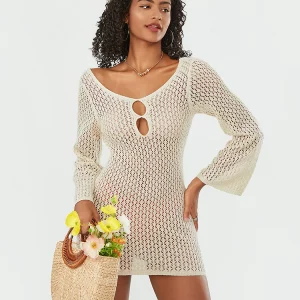 Beach Mini Dress Women's Crochet Knit Cutout V-Neck Bodycon