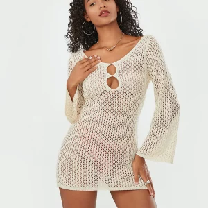 Beach Mini Dress Women's Crochet Knit Cutout V-Neck Bodycon