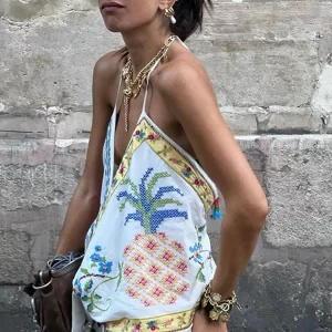 Beach Print Halter Backless Tank Top with Wide Leg Zipper Pants Set