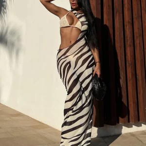 Beach Style Bodycon Long Dress for Women, Sexy Backless Hollow Out Robe, Zebra Print Summer Clothes