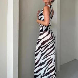 Beach Style Bodycon Long Dress for Women, Sexy Backless Hollow Out Robe, Zebra Print Summer Clothes