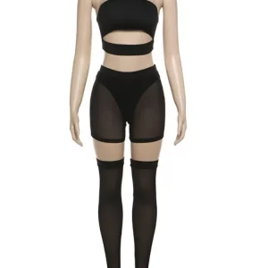 Black 3-Piece Women's Halter Crop Top Set with Mesh Patchwork Shorts and Stockings - Sexy Club Out