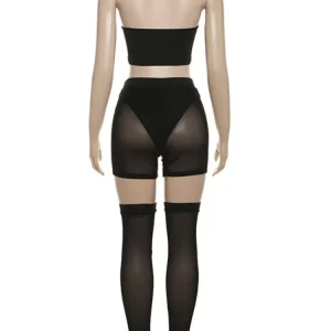 Black 3-Piece Women's Halter Crop Top Set with Mesh Patchwork Shorts and Stockings - Sexy Club Out