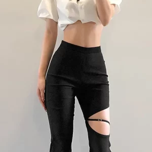 Black Bell Bottom Pants with Hip Wrap - Women's High Waist Casual Wear