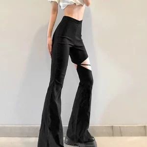 Black Bell Bottom Pants with Hip Wrap - Women's High Waist Casual Wear