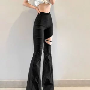 Black Bell Bottom Pants with Hip Wrap - Women's High Waist Casual Wear