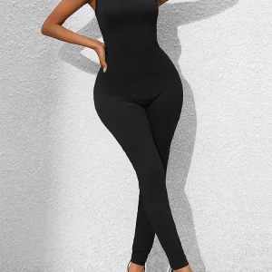 Black Bodycon Jumpsuit with Chain Shoulder Strap - Women's Slim Fit Romper for Summer Fitness