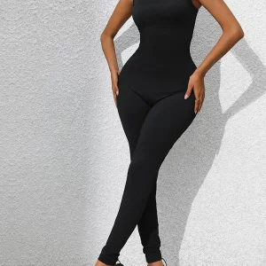 Black Bodycon Jumpsuit with Chain Shoulder Strap - Women's Slim Fit Romper for Summer Fitness