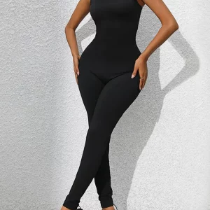 Black Bodycon Jumpsuit with Chain Shoulder Strap - Women's Slim Fit Romper for Summer Fitness