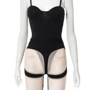 Black Bodysuit & Mesh Shorts Set: Sexy Spaghetti Strap Women's Outfit