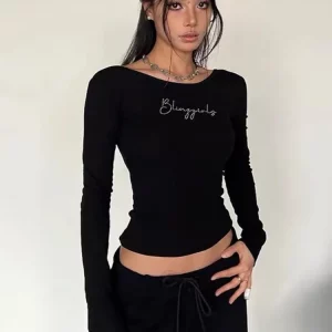 Black Crop Top Women's Aesthetic Long Sleeve T-Shirt - Y2K Style Pullover