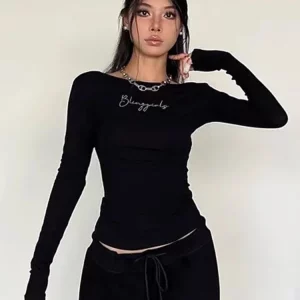 Black Crop Top Women's Aesthetic Long Sleeve T-Shirt - Y2K Style Pullover