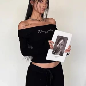 Black Crop Top Women's Aesthetic Long Sleeve T-Shirt - Y2K Style Pullover