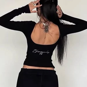 Black Crop Top Women's Aesthetic Long Sleeve T-Shirt - Y2K Style Pullover