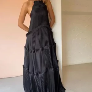 Black Halter Maxi Dress with Ruffle Hem - Sleeveless Lace-Up Back - Women's Spring Streetwear