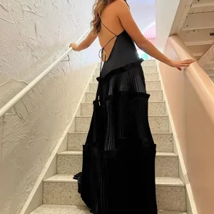 Black Halter Maxi Dress with Ruffle Hem - Sleeveless Lace-Up Back - Women's Spring Streetwear