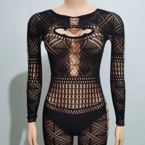 Black Knitted Long Sleeve Sexy Playsuit for Women - 2024 Spring Club Jumpsuit