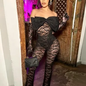 Black Lace 2-Piece Set: Sexy Bow Wrap Bodysuit & Flared Pants for Women - Night Club Out